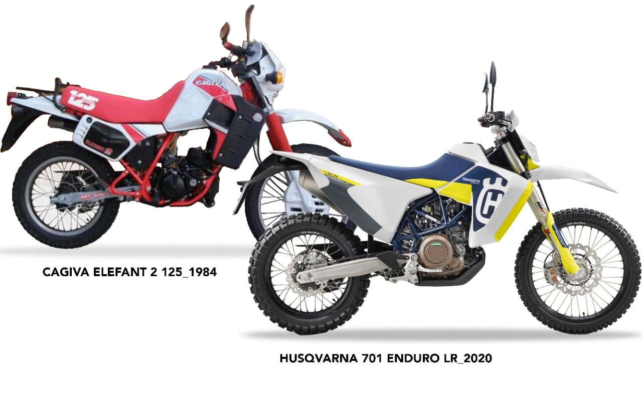 <div class='descrGalleryTitle'>3.	Cagiva Elefant2 125 – Husqvarna 701 ENDURO LR </div><div class='descrGalleryText'><p>La cosa sembrerebbe confermata da un’altra sorpresa dell’ultimo Eicma, la versione “Long Range” della <a href="https://www.dueruote.it/foto/moto-scooter/2019/11/06/husqvarna-701-enduro-lr.html"><b>701 ENDURO</b></a>. La moto nasce con il serbatoio <b>integrato nel telaietto reggisella </b>in composito, soluzione tipicamente Husqvarna,&nbsp; cui questa variante aggiunge un secondo serbatoio in posizione tradizionale. E proprio la soluzione scelta per la linea del serbatoio pare inequivocabilmente… <b>Cagiva</b>, con le due “appendici” del serbatoio piramidale che scendono verso il basso come sulla <b>Elefant2 125</b> che molti ex sedicenni ricorderanno bene. Poi certo, anche in questo caso i 35 anni di distanza si vedono tutti anche solo a livello di design, <b>nei raccordi perfettamente filanti </b>tra sella e serbatoio o tra mascherina e parafango anteriore, per non parlare dei fianchetti (sempre influenzati dalla presenza del telaietto autoportante). Ma, come dire: <b>il “sapore” di quella moto </b>rimane.</p>
</div>